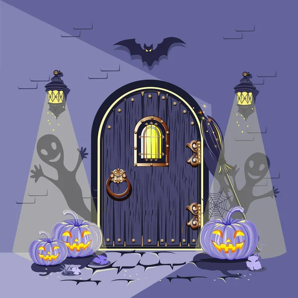 Régi Ajtó Díszített Halloween Vicces Sütőtök Denevér Pókháló Antik Lámpák — Stock Vector