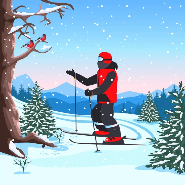 Wektorowa Ilustracja Młodego Człowieka Jeżdżącego Nartach Górach Rekreacja Zimowa Sport — Wektor stockowy