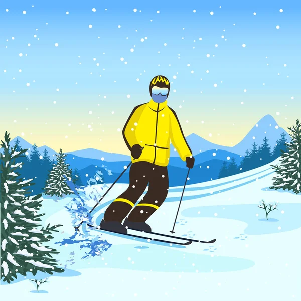 Illustration Vectorielle Jeune Homme Skiant Dans Les Montagnes Loisirs Sports — Image vectorielle