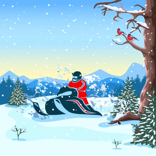 Ilustração Vetorial Jovem Montando Snowmobile Floresta Contra Fundo Das Montanhas — Vetor de Stock