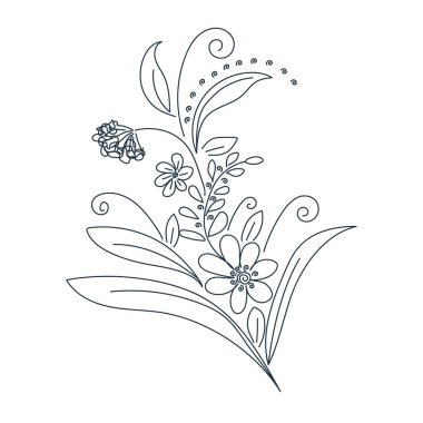 İnce çizgileri olan stilize bir buket çiçek. Çiçek tasarım elementinin vektör illüstrasyonu.