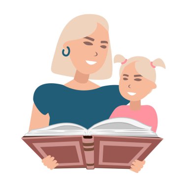 Mutlu anne kızına kitap okuyor. Çocuk gelişimi ve öğrenme. Vektör illüstrasyonu.