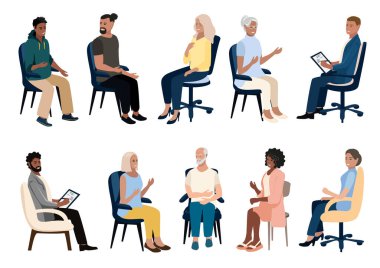 Koltuklarda oturan farklı ırktan bir erkek ve bir kadın. İnsanlar oturuyor, rahatlıyor, çalışıyor ve sohbet ediyorlar. Vektör illüstrasyonları.