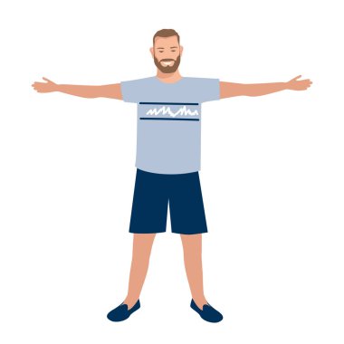 Kollarını açmış mutlu bir adam. Beyaz arkaplanda vektör illüstrasyonu.
