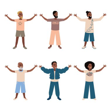 Kolları açık bir grup mutlu adam. Beyaz arkaplanda vektör illüstrasyonu.