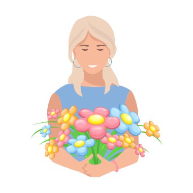 Beyaz arka planda bir buket çiçekli mutlu kadın. Doğum günün kutlu olsun, ya da Kadınlar Günü 'n kutlu olsun. El çizimi vektör illüstrasyonu.