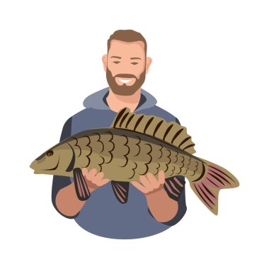 Büyük bir balık tutan mutlu bir balıkçı. Aktif hobi ve açık hava eğlencesi. Beyaz arkaplanda elle çizilmiş vektör çizimi.