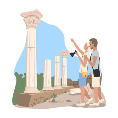 Antik kalıntıları keşfeden ve fotoğraflayan turistler. Seyahat ve boş zaman. El çizimi vektör illüstrasyonu.