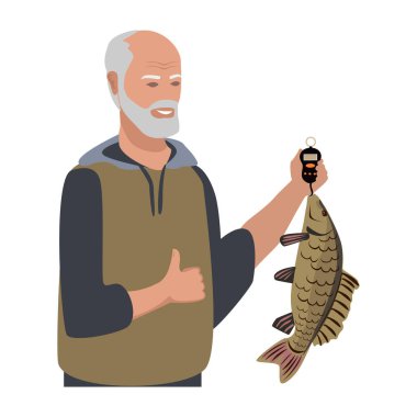 Büyük bir balık tutan mutlu yaşlı balıkçı. Aktif hobi ve açık hava eğlencesi. Beyaz arkaplanda elle çizilmiş vektör çizimi.