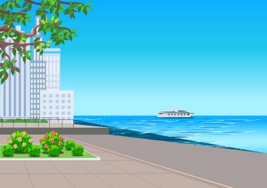 Arkaplanı gökdelenlerle çevrili büyük bir şehir seti. Yaz tatilleri ve seyahatler. Bir port şehrinin elle çizilmiş vektör çizimi.