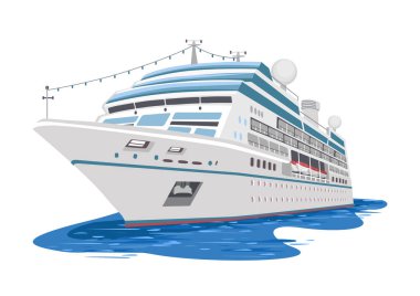 Beyaz bir yolcu gemisi ya da yolcu gemisi mavi bir denizde yol alır. Yaz tatili ve seyahat. Beyaz arkaplanda elle çizilmiş vektör çizimi.