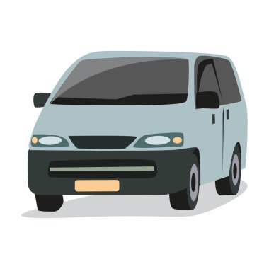 Renkli camları olan gri bir minivanın ön görüntüsü. Beyaz arka planda aracın el çizimi vektör çizimi.