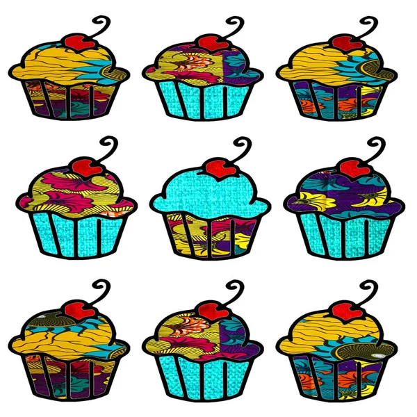 Cupcakes Feitos Retro Colorido Tecido Impressão Africano Grande Presente Temático — Fotografia de Stock