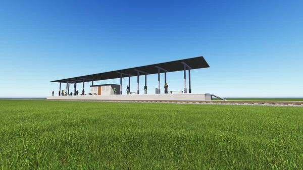 Spoorwegstation gelegen in een groen veld 3D-rendering — Stockfoto