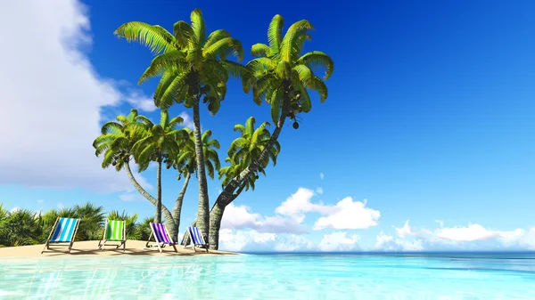 Stranden och palms blå himlen moln 3d-rendering — Stockfoto