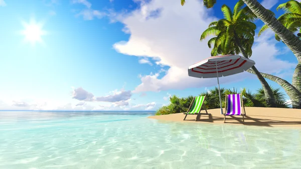 Playa y palmeras cielo azul nubes representación 3D —  Fotos de Stock