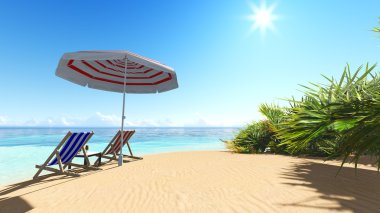 Plaj ve avuç içi RECLINER mavi gökyüzü 3d render
