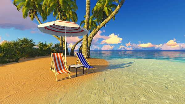 Beach and palms recliner blue sky 3D rendering