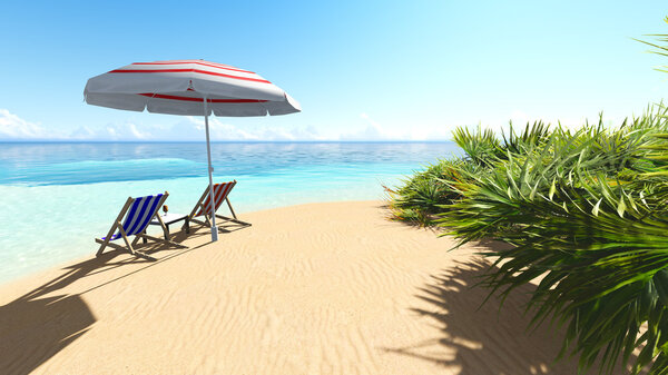Пляж и пальмы раскладывают голубое небо 3D рендеринг

