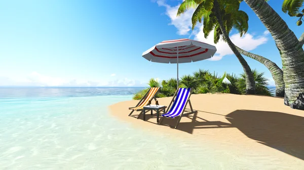 Praia e palmas reclinável céu azul 3D renderização — Fotografia de Stock