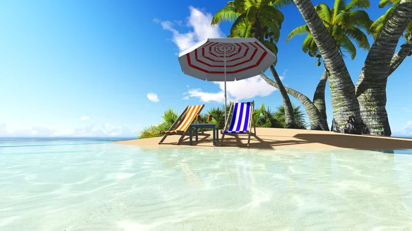 Παραλία και φοίνικες recliner μπλε ουρανό 3d rendering — Φωτογραφία Αρχείου