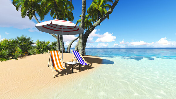Пляж и пальмы раскладывают голубое небо 3D рендеринг
