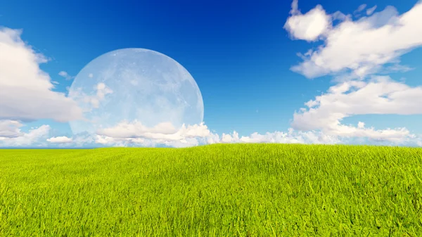 Landscape green grass blue sky 3d rendering — Stock Photo, Image