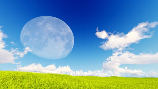 Τοπίο πράσινο γρασίδι απόδοσης 3d μπλε ουρανό — Φωτογραφία Αρχείου