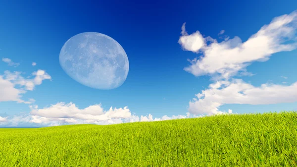 Manzara yeşil çim mavi gökyüzü 3d render — Stok fotoğraf