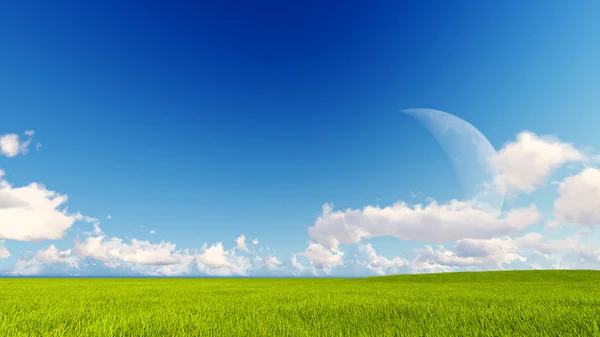 Manzara yeşil çim mavi gökyüzü 3d render — Stok fotoğraf