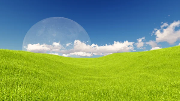 月亮和春天绿色草地自然 3d 渲染 — 图库照片