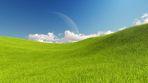 Moon ve yeşil çayır doğa 3d render bahar — Stok fotoğraf