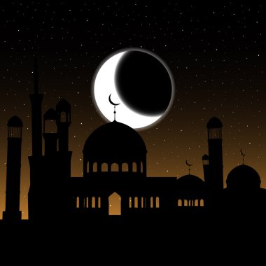 Hilal ve yıldız ile gece gökyüzünde Camii siluet vektör