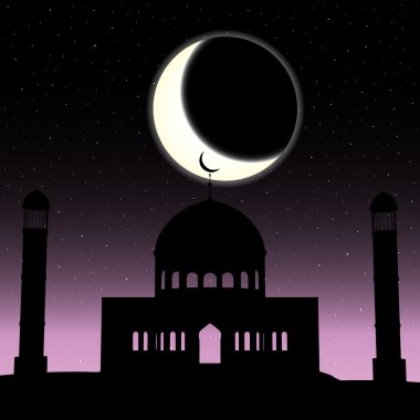 Hilal ve yıldız ile gece gökyüzünde Camii siluet vektör
