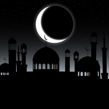 Hilal ve yıldız ile gece gökyüzünde Camii siluet vektör