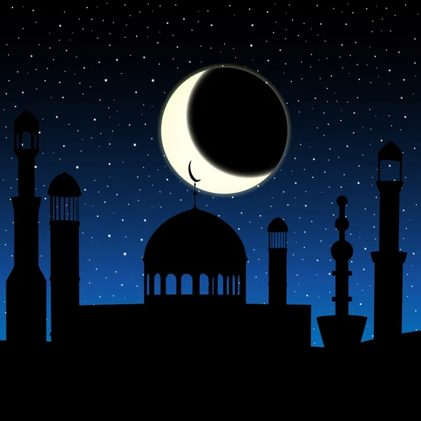 Vector mosque silhouette in night sky with crescent moon and stars — Stock Vector
