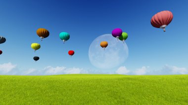 Balonlar moon ve yeşil çayır bahar. Doğa kompozisyon. 3D render. NASA tarafından döşenmiş bu görüntü öğelerini