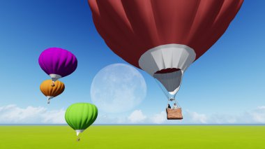 Balonlar moon ve yeşil çayır bahar. Doğa kompozisyon. 3D render. NASA tarafından döşenmiş bu görüntü öğelerini