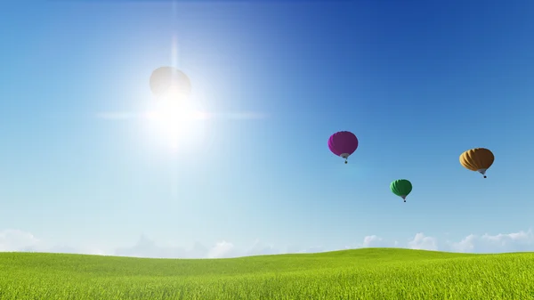 Balonlar moon ve yeşil çayır bahar. Doğa kompozisyon. 3D render. NASA tarafından döşenmiş bu görüntü öğelerini — Stok fotoğraf