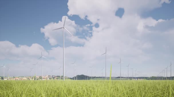 Turbiny wiatrowe zielony trawiasty krajobraz alternatywna energia elektryczna — Wideo stockowe