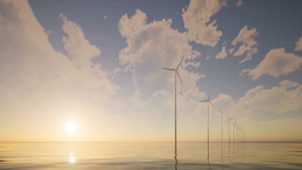 Zonsopgang windgeneratoren park rustige zee — Stockvideo