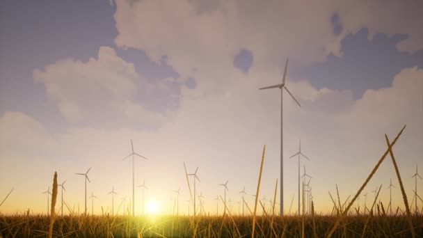 Větrné generátory farma tráva Environmentální technologie koncept obnovy — Stock video