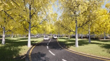 Sonbahar araba trafiği sarı zemin üzerinde seyahat konsepti sonbahar yaprakları