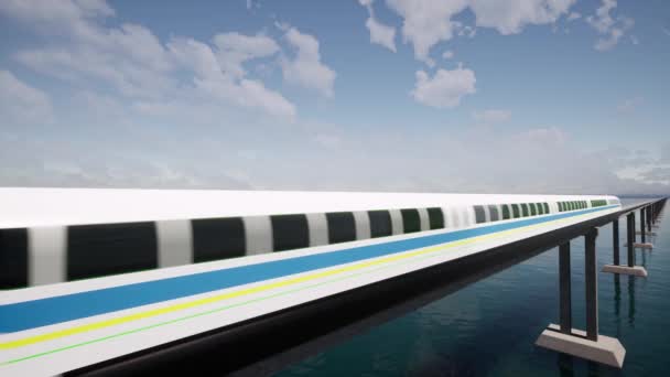 Сучасний поїзд maglev hyperloop на морі Футуристичний транспорт — стокове відео