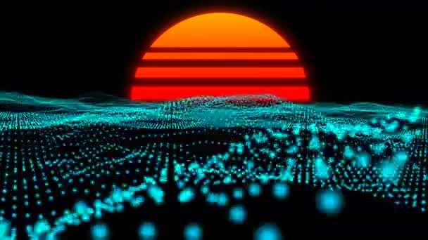 Retro cyber tech 90 grids landscape Estructura de alambre abstracta Luz de neón azul Flujo de datos — Vídeo de stock