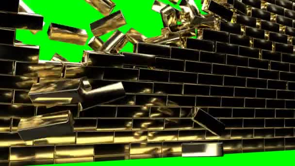 Golden brick wall explosion Chroma key Slow motion Green screen — Stock Video