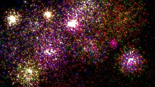 Farbiges Feuerwerk auf schwarzem Eventparty-Spaß Festlicher Hintergrund 3D-Rendering — Stockfoto
