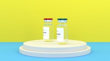 Tedavi aşısı olan mavi ve kırmızı şişeler. Coronavirus covid-19 tıbbi konsept.