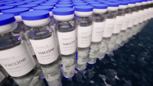 Gorra azul farmacéutica en ampolla de vidrio con la vacuna Ciencias médicas — Vídeo de stock
