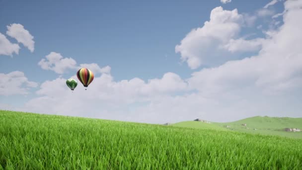 Kleur ballonnen groen gras heldere blauwe lucht — Stockvideo